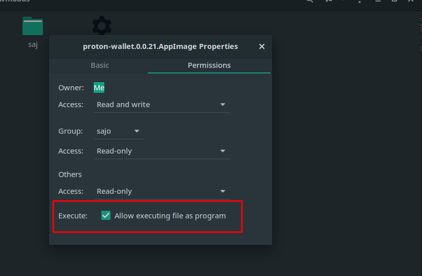 Location of tickbox to enable executing file as a program