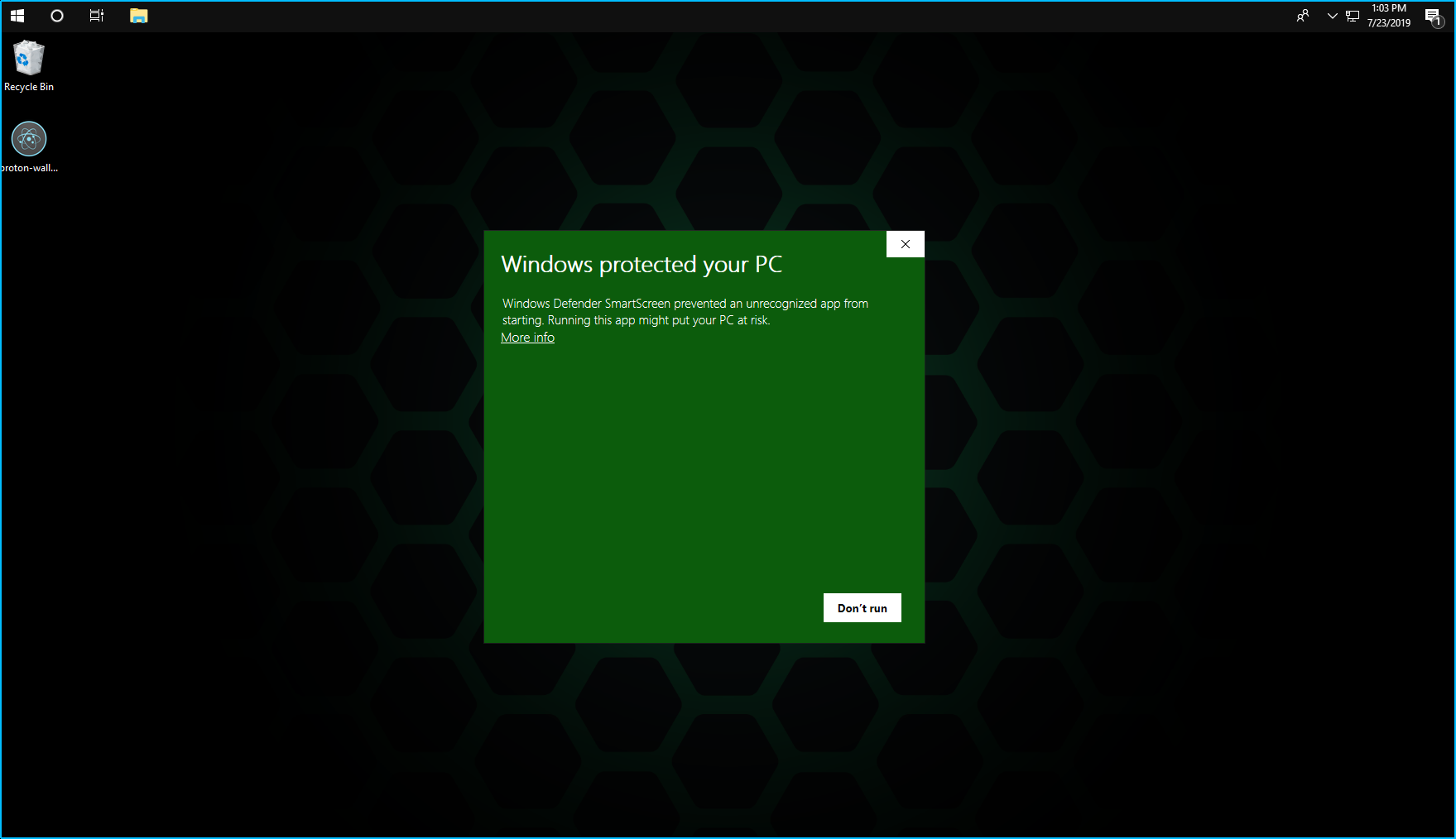 Screenshot of windows protected your PC message