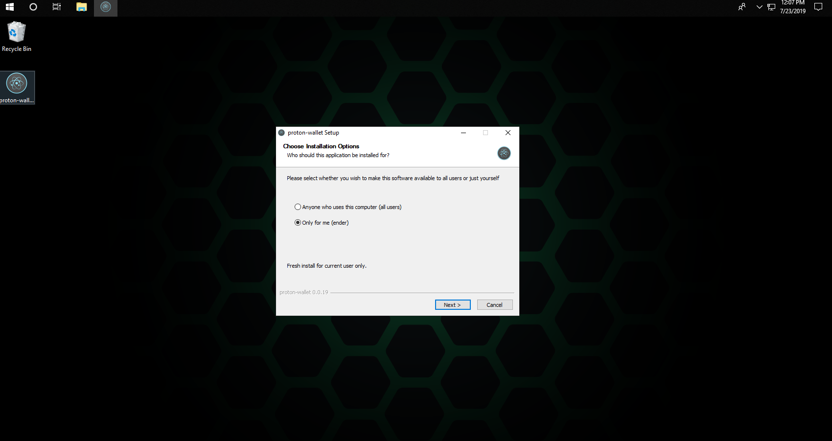 Screenshot of the installer utility for windows